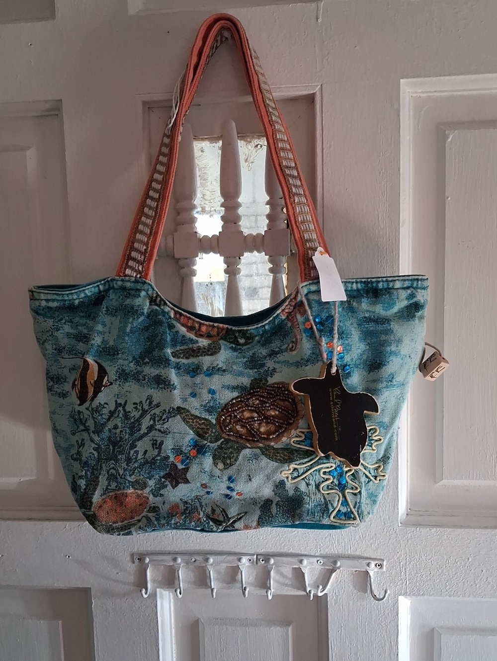 Ocean Turtle Embroidered Tote Bag in Teal with Coral Straps -